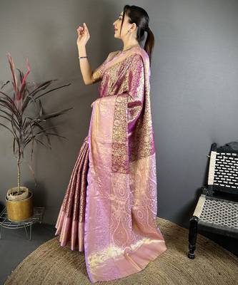 Wine kanjeevaram silk blend woven design saree with unstitched blouse piece 3