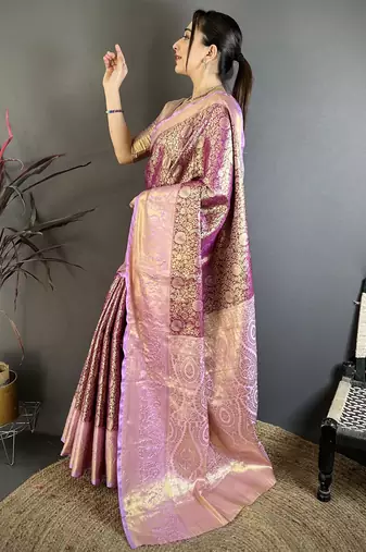 Wine kanjeevaram silk blend woven design saree with unstitched blouse piece