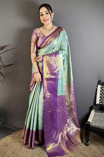 Sky blue kanjeevaram silk blend woven design saree with unstitched blouse piece