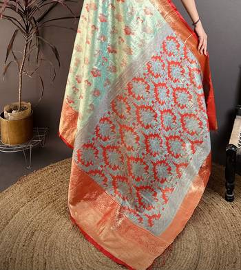 Sea green kanjeevaram silk blend woven design saree with unstitched blouse piece 5