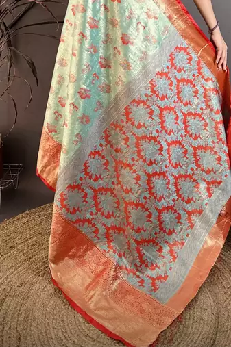 Sea green kanjeevaram silk blend woven design saree with unstitched blouse piece
