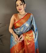 Royal blue kanjeevaram silk woven design saree with unstitched blouse piece