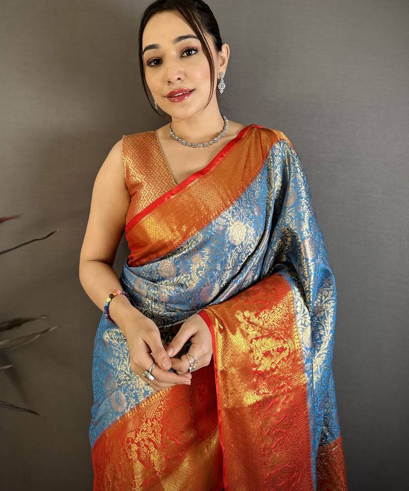 Royal blue kanjeevaram silk woven design saree with unstitched blouse piece