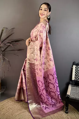 Pink kanjeevaram silk blend woven design saree with unstitched blouse piece