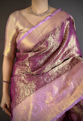 Wine kanjeevaram silk blend woven design saree with unstitched blouse piece 4