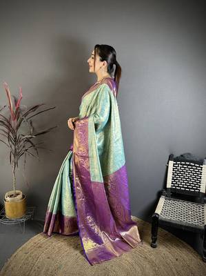 Sky blue kanjeevaram silk blend woven design saree with unstitched blouse piece 3