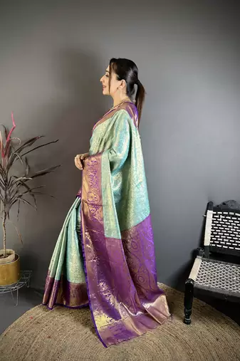 Sky blue kanjeevaram silk blend woven design saree with unstitched blouse piece