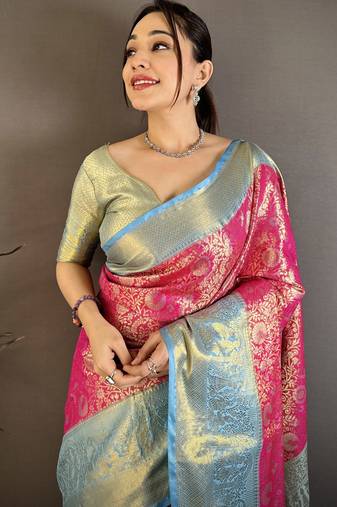 Rani kanjeevaram silk blend woven design saree with unstitched blouse piece