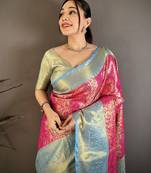 Rani kanjeevaram silk woven design saree with unstitched blouse piece
