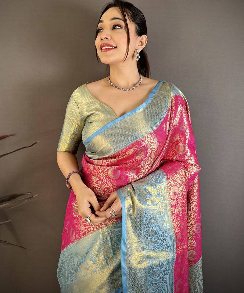 Rani kanjeevaram silk woven design saree with unstitched blouse piece