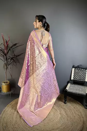 Wine kanjeevaram silk blend woven design saree with unstitched blouse piece