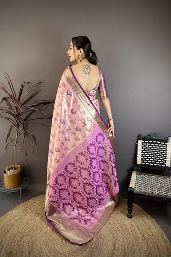 Pink kanjeevaram silk blend woven design saree with unstitched blouse piece