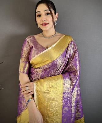 Purple kanjeevaram silk blend woven design saree with unstitched blouse piece 1