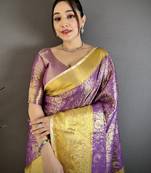 Purple kanjeevaram silk woven design saree with unstitched blouse piece