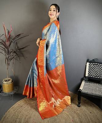 Royal blue kanjeevaram silk blend woven design saree with unstitched blouse piece 3