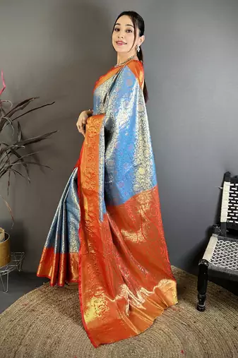 Royal blue kanjeevaram silk blend woven design saree with unstitched blouse piece