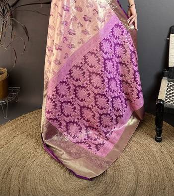 Pink kanjeevaram silk blend woven design saree with unstitched blouse piece 5