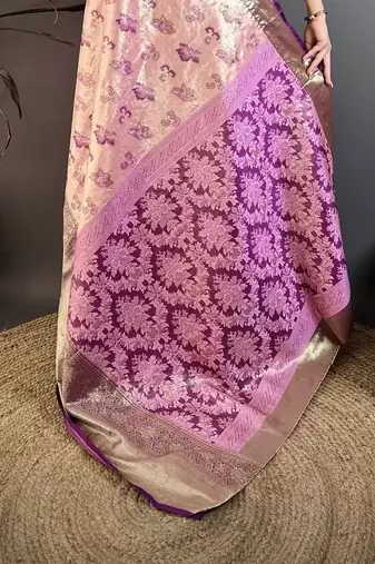 Pink kanjeevaram silk blend woven design saree with unstitched blouse piece