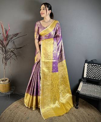Purple kanjeevaram silk blend woven design saree with unstitched blouse piece 2