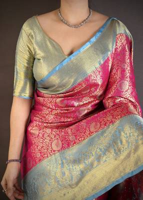 Rani kanjeevaram silk blend woven design saree with unstitched blouse piece 4