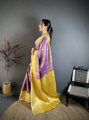 Purple kanjeevaram silk blend woven design saree with unstitched blouse piece 3