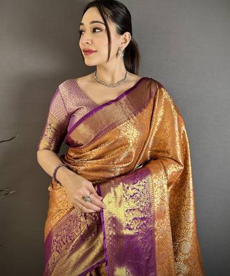 Orange kanjeevaram silk blend woven design saree with unstitched blouse piece 1