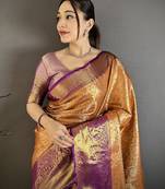 Orange kanjeevaram silk woven design saree with unstitched blouse piece