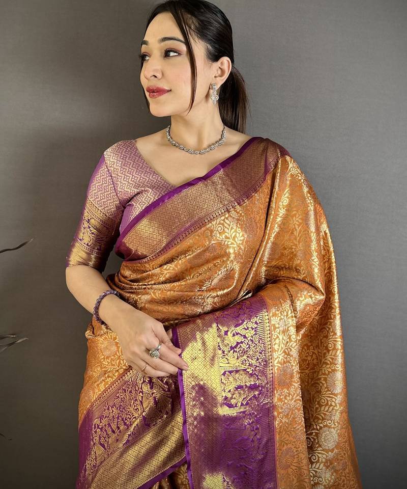 Orange kanjeevaram silk woven design saree with unstitched blouse piece