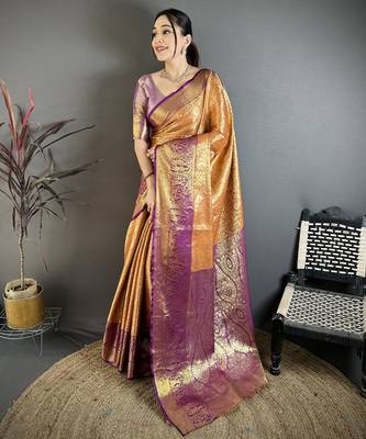 Orange kanjeevaram silk blend woven design saree with unstitched blouse piece 2