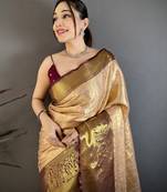 Beige kanjeevaram silk woven design saree with unstitched blouse piece