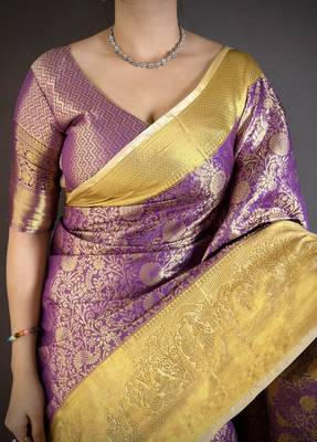 Purple kanjeevaram silk blend woven design saree with unstitched blouse piece 4