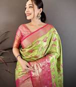 Pista kanjeevaram silk woven design saree with unstitched blouse piece