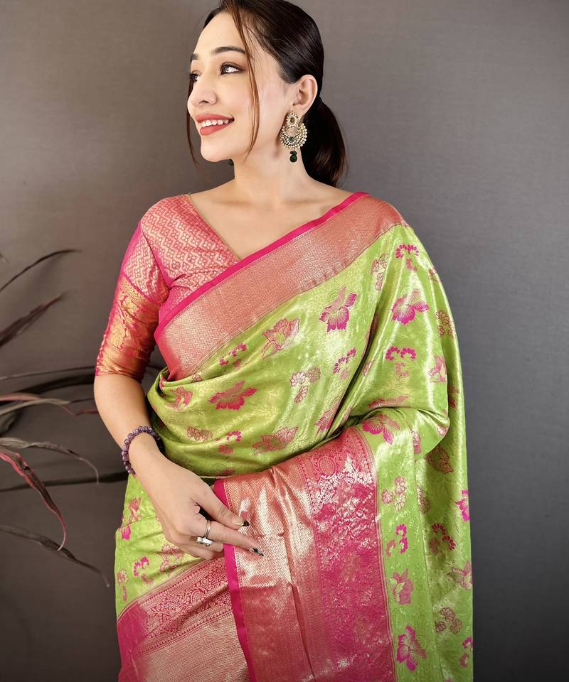 Pista kanjeevaram silk woven design saree with unstitched blouse piece