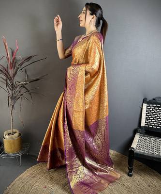 Orange kanjeevaram silk blend woven design saree with unstitched blouse piece 3