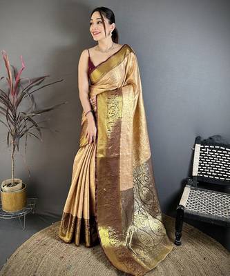 Beige kanjeevaram silk blend woven design saree with unstitched blouse piece 2