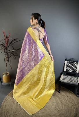 Purple kanjeevaram silk blend woven design saree with unstitched blouse piece 5