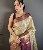 Cream kanjeevaram silk blend woven design saree with unstitched blouse piece
