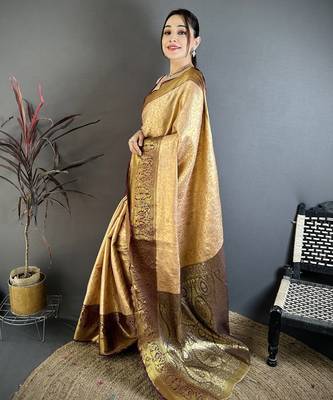 Beige kanjeevaram silk blend woven design saree with unstitched blouse piece 3