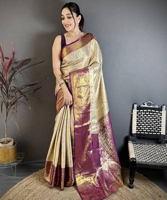 Cream kanjeevaram silk blend woven design saree with unstitched blouse piece 2