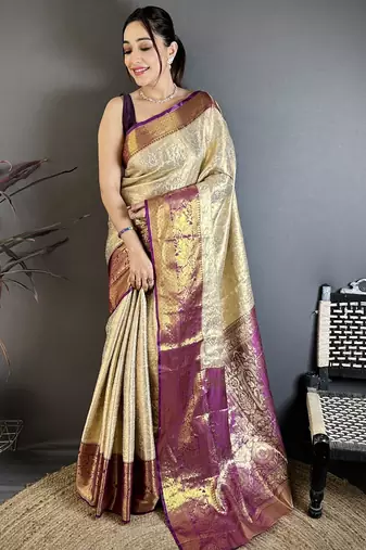 Cream kanjeevaram silk blend woven design saree with unstitched blouse piece