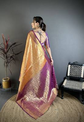 Orange kanjeevaram silk blend woven design saree with unstitched blouse piece 5