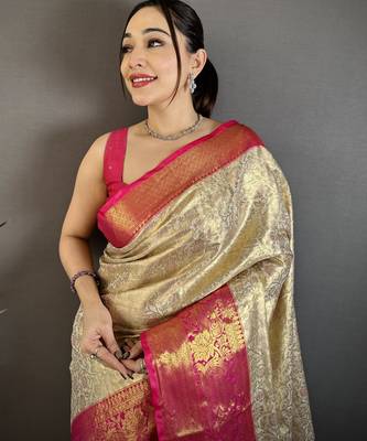 Cream kanjeevaram silk blend woven design saree with unstitched blouse piece 1