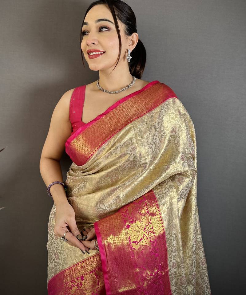 Cream kanjeevaram silk blend woven design saree with unstitched blouse piece