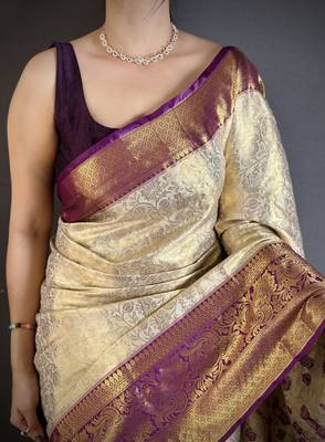Cream kanjeevaram silk blend woven design saree with unstitched blouse piece 4