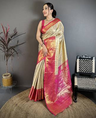 Cream kanjeevaram silk blend woven design saree with unstitched blouse piece 2