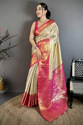 Cream kanjeevaram silk blend woven design saree with unstitched blouse piece