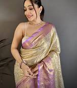 Cream kanjeevaram silk blend woven design saree with unstitched blouse piece