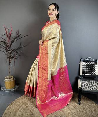 Cream kanjeevaram silk blend woven design saree with unstitched blouse piece 3