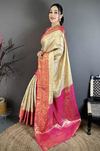Cream kanjeevaram silk blend woven design saree with unstitched blouse piece