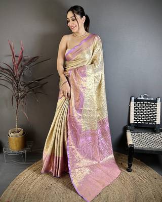 Cream kanjeevaram silk blend woven design saree with unstitched blouse piece 2